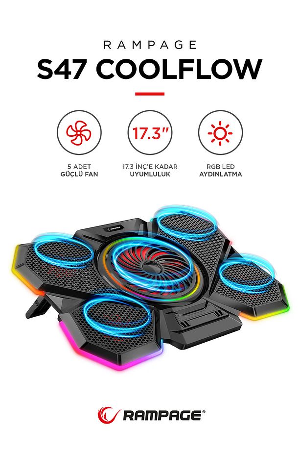 S47 Coolflow 5 Adet Kırmızı Led Fan 1 Usb 7 Farklı Kademe Ayarı 10'' 17.3'' Notebook Soğutucu - 1