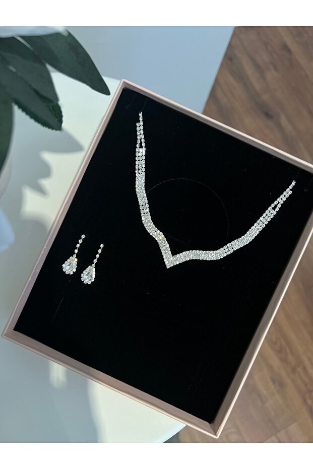 Pauline Zirkon Taşlı Takı Seti Kolye Küpe Hediye Set Düğün Nişan Söz Nikah Takı Seti - 5