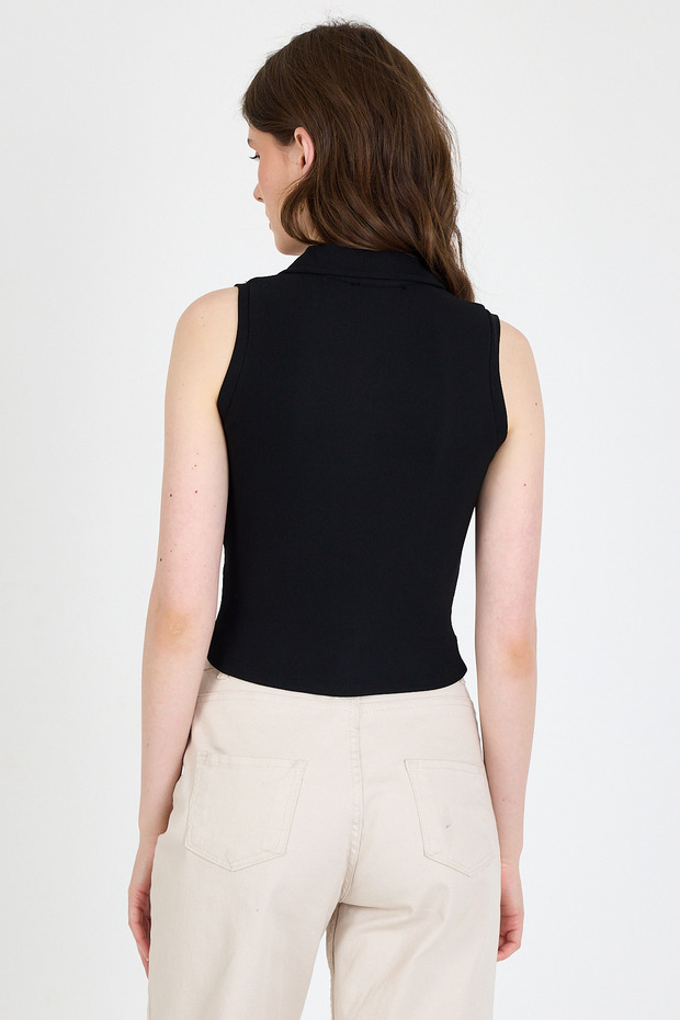 Black Buttoned Polo Neck Zero Sleeve Knitted Blouse 2219 - 5
