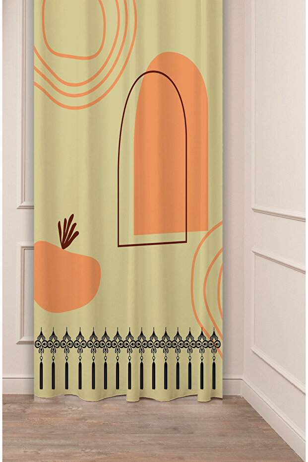 Geometric Shape Square Green Beige Patterned Special Design Digital Printed (Single Wing) Modern Stylish Background Curtain
