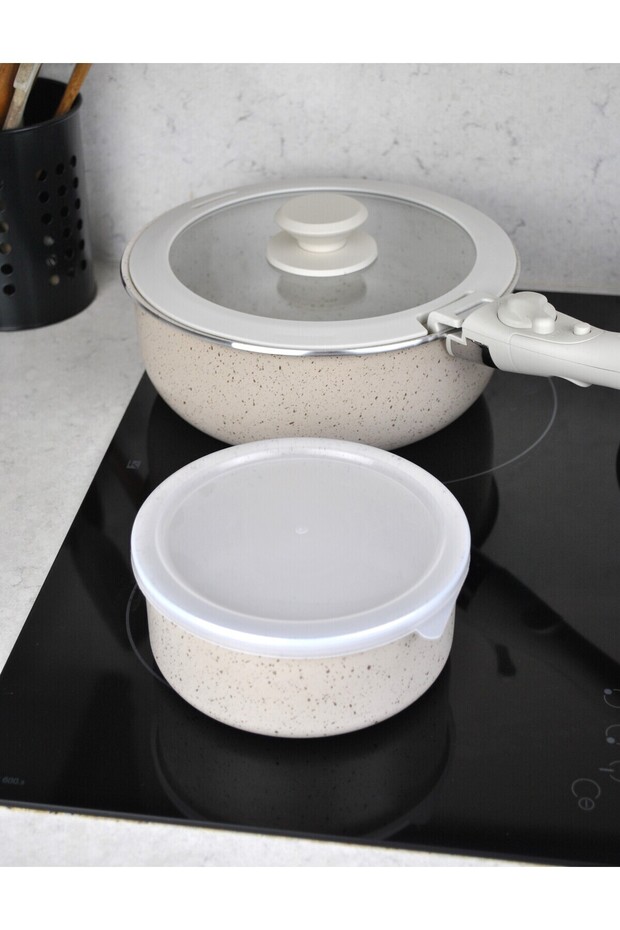 9 Piece Granite Coated Pot and Pan Set with Plug and Remove Handle Nested Cooking Storage Beige - 6