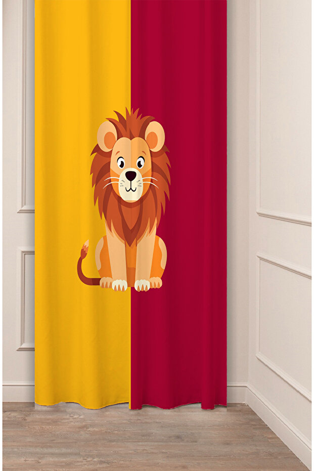 Yellow Red Lion Special Design Patterned Digital Printed (Single Wing) Children's Room Modern Background Curtain