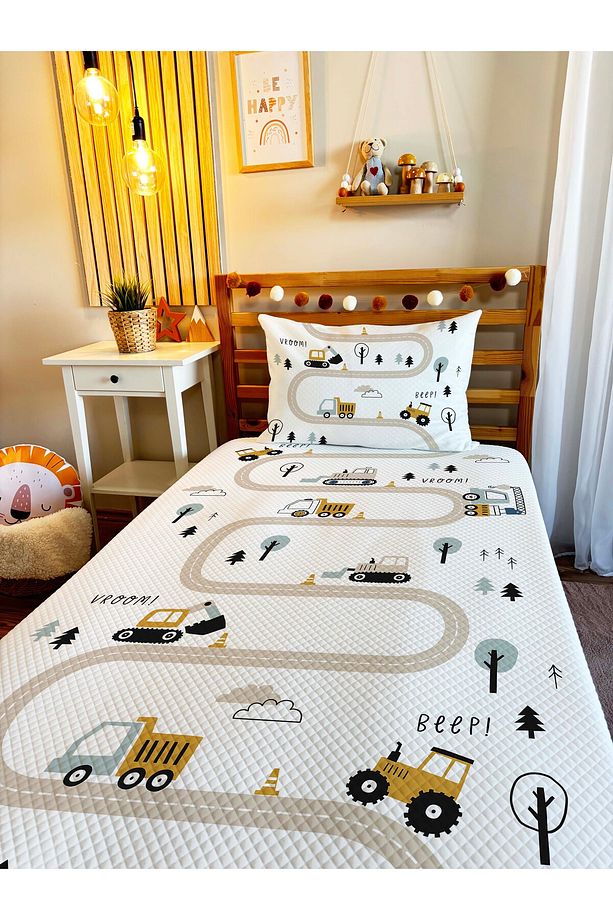 Inşaat Makineleri Yol Desenli Bebek Ve Çocuk Baskılı Tek Kişilik Pike Takımı 160 X 220 Cm beyaz - 4