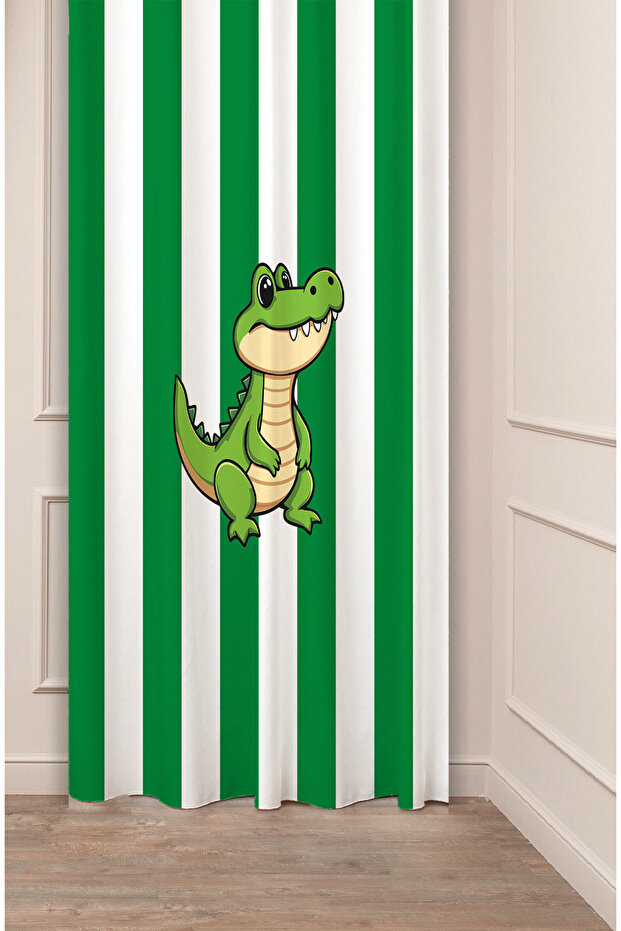 Green White Crocodile Special Design Patterned Digital Printed (Single Wing) Children's Room Modern Background Curtain