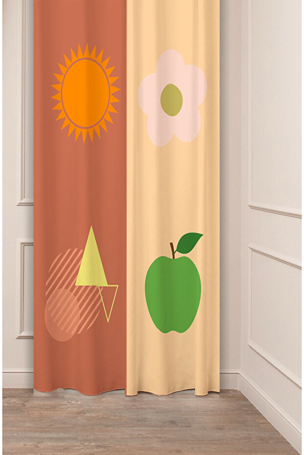 Geometric Shape Square Green Beige Patterned Special Design Digital Printed (Single Wing) Modern Stylish Background Curtain