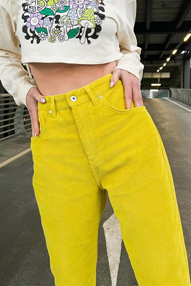 Basic Sarı Kadife Pantolon - 6