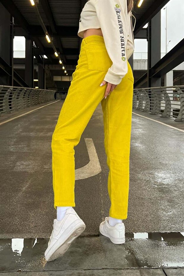 Basic Sarı Kadife Pantolon - 4