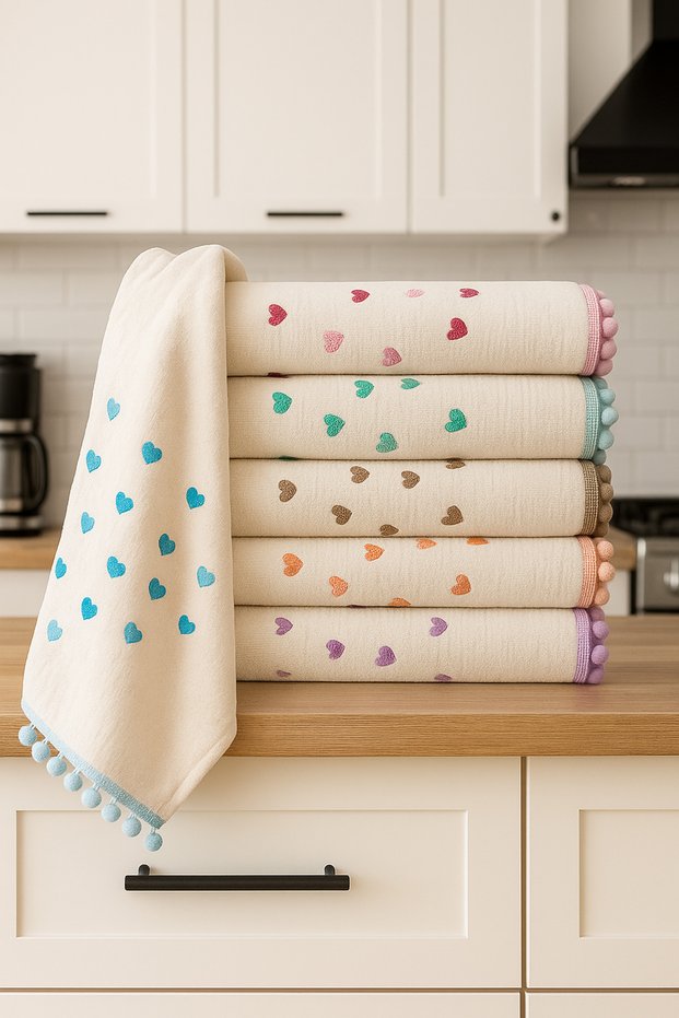Set of 6 30x50 Kitchen Towels with Pompom and Heart Embroidery
