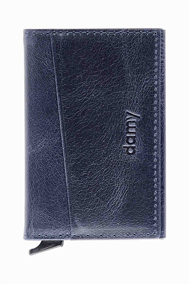 Genuine Leather Unisex Mechanism Card Holder 611Cr - Navy Blue