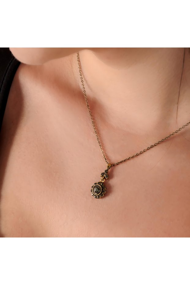 Antique Lustre Anthracite Copper Handmade Women's Necklace with Crystal Stone, Not Made of Metal, with Box
