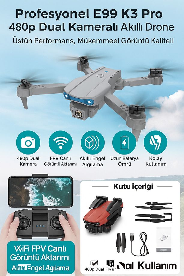🔹 E99 K3 Pro Dual Kameralı Drone – Wifi Fpv, Engel Algılama, Uzun Uçuş Süresi - 1