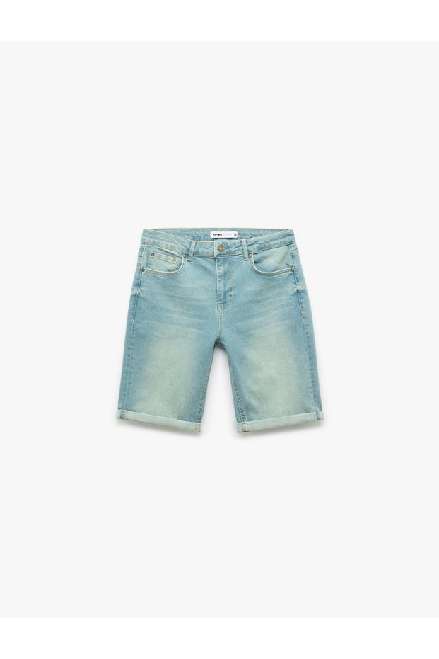 Cotton Pocket Detailed Folded Leg Slim Fit Denim Shorts
