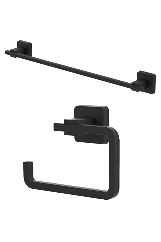 Square Matte Black Capless Paper Holder + Long Towel Holder Double Bathroom Set