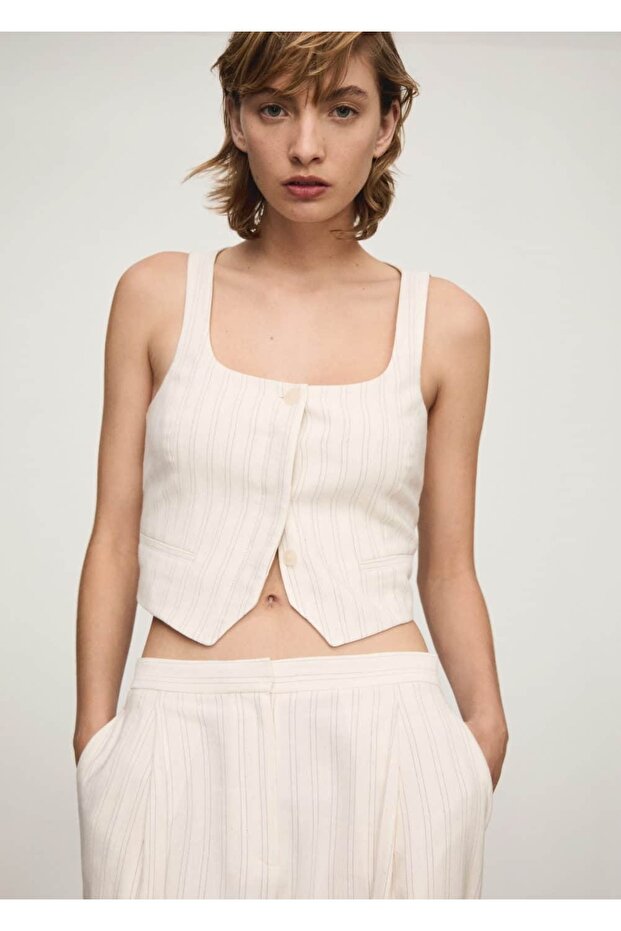 Çizgili Kumaş Yelek - 1