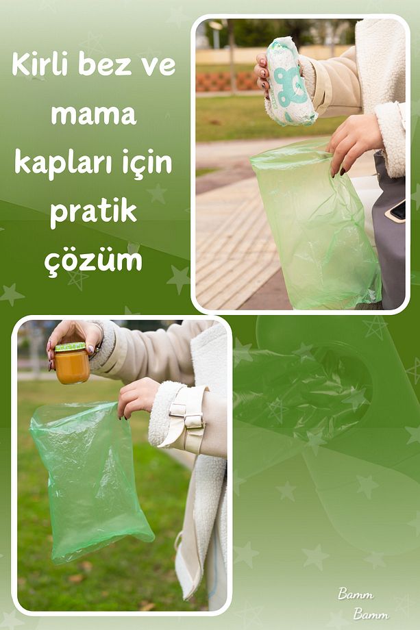 Kirli Bebek Bezi Çöp Poşeti Çanta Boy Yeşil Taşıma Çantası Ve 2 Rulo (30 POŞET) - 7