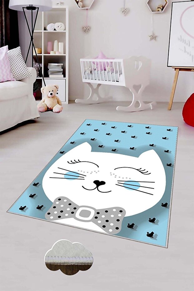 Mavi Kedi Desenli Yıkanabilir Kaymaz Taban Leke Tutmazbebek Ve Çocuk Odası Halısı - 2