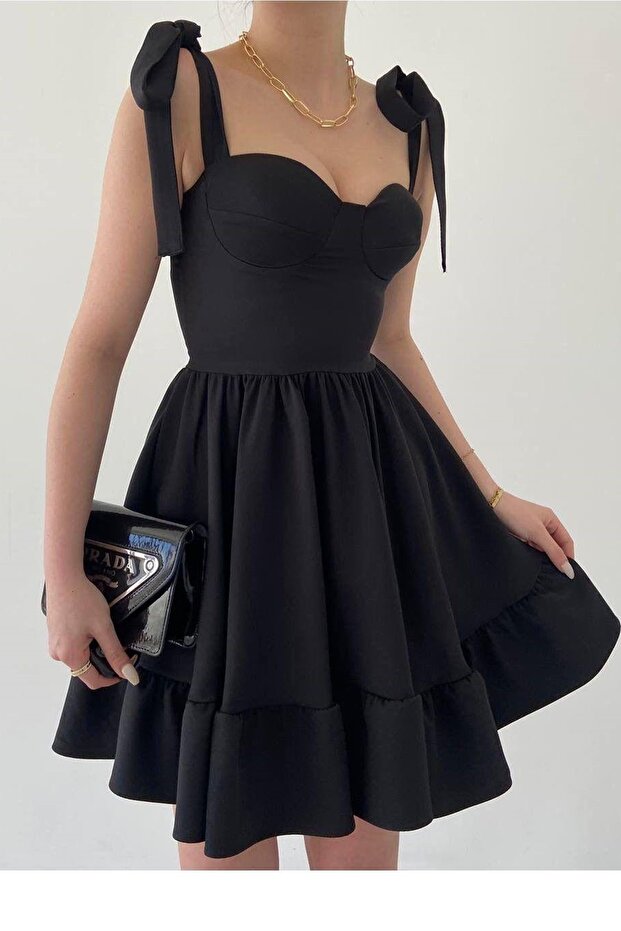 Atlas fabric chest supported tie strap design flared black mini dress 236