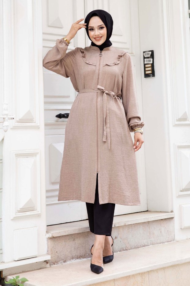 Linen Tunic with Ruffle Detail on the Front and Zipper Closure Tsd240518 Mink