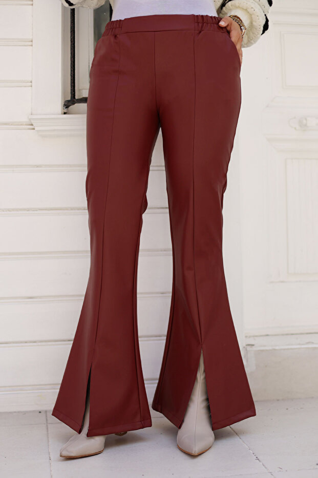 Spanish Style Leather Trousers with Front Slits Tsd240813 Claret Red