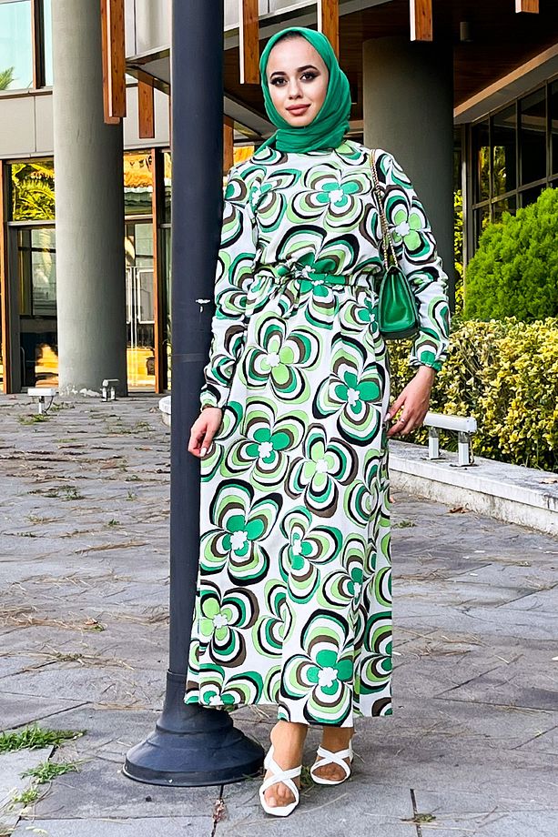 Manolya Desenli Beli Lastikli Elbise Tsd220848 Yeşil - 1