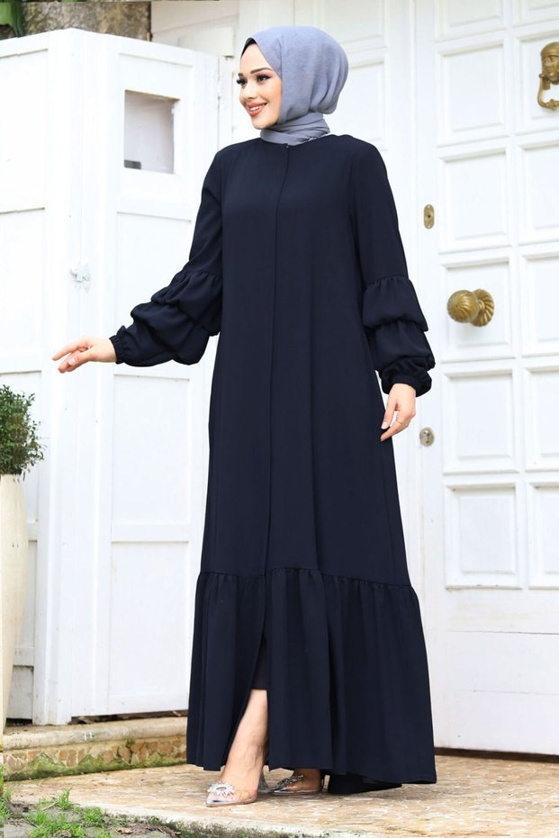 Double Balloon Arm Detailed Skirt with Flounce Hijab Ferace TSD240247 Navy Blue