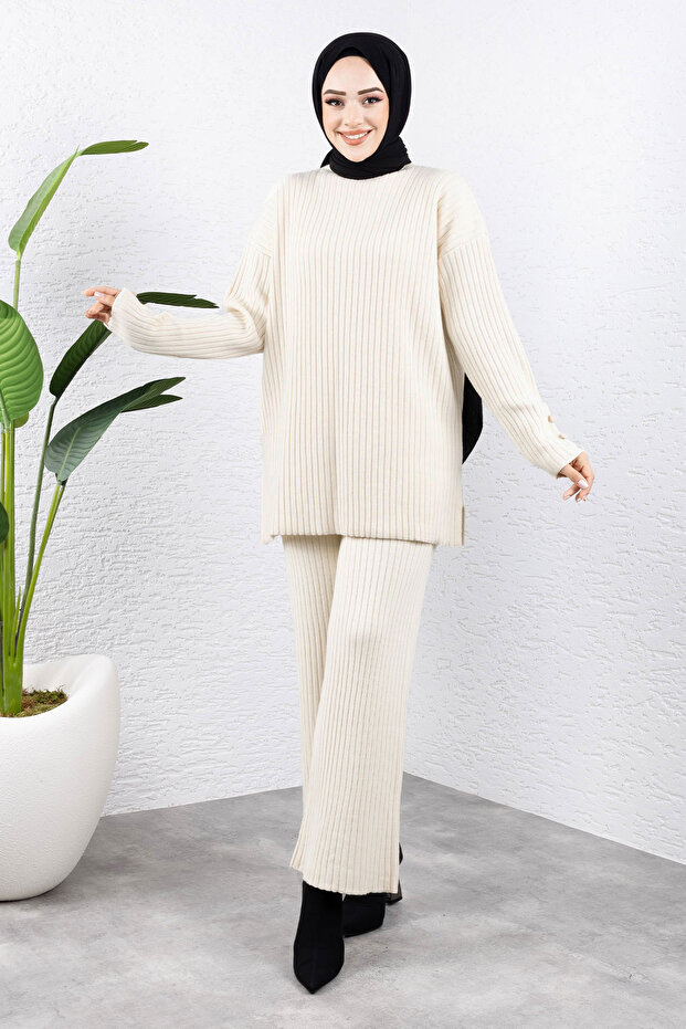 Knitwear Set with Handle End Button Detail Tsd240947 Beige