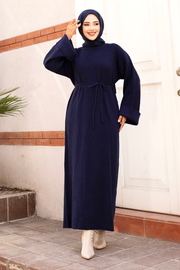 Buy Tie-Up Low-Sleeve Knitwear Long Dress Tsd240708 Navy Blue