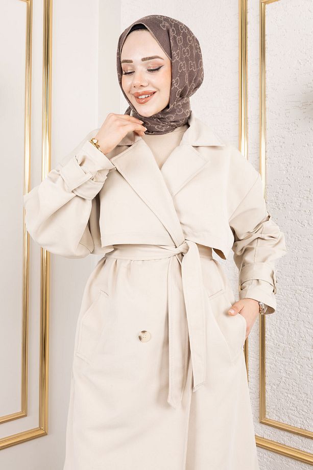 Ekstra Oversize Trençkot TSD250139 Taş Rengi - 3