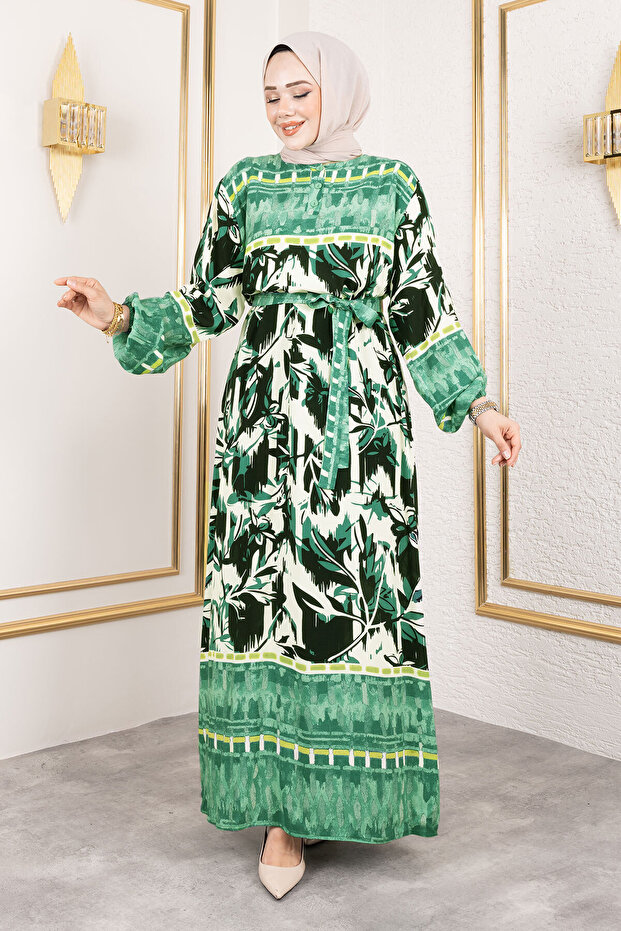 Sera Patterned Viscose Long Hijab Dress Tsd250138 Green