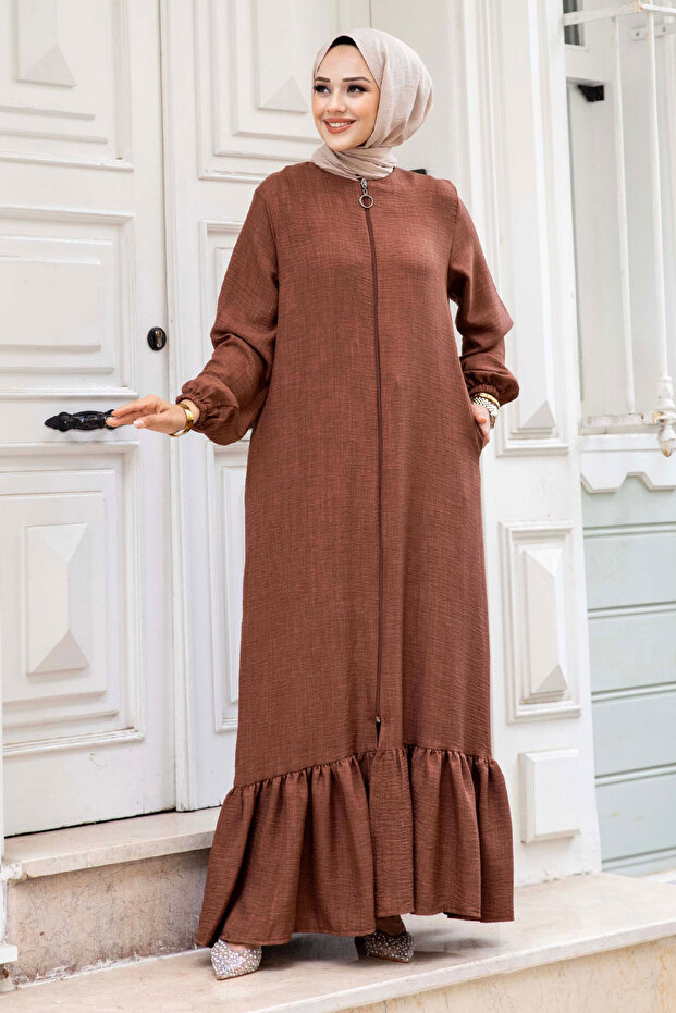 Brown flounced zippered hijab abaya tsd240517