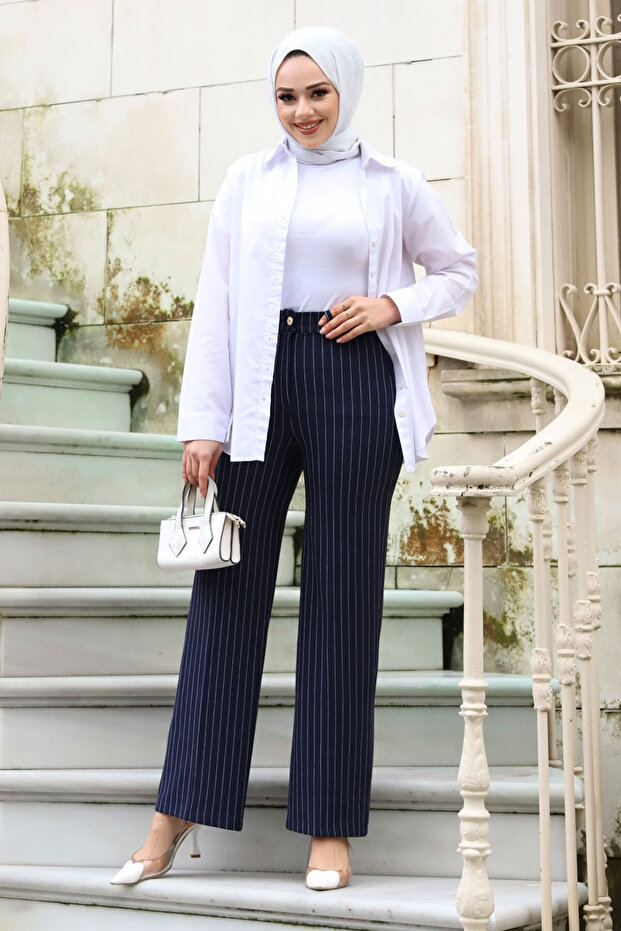 Wide Leg Striped Trousers TSD240115 Navy Blue