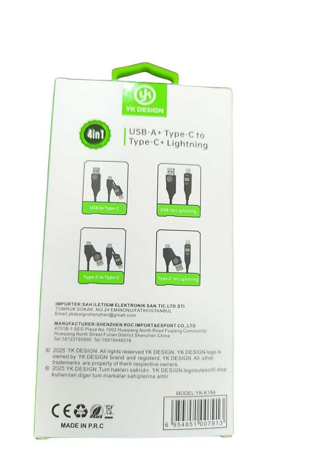 4'ü 1 Arada Çok Fonksiyonlu USB Şarj Kablosu, Hızlı Şarj, Spiral Tasarım, Lightning/Type-C - 4