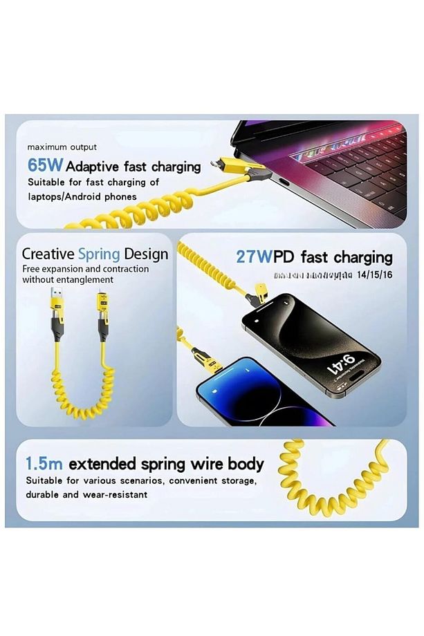 4'ü 1 Arada Çok Fonksiyonlu USB Şarj Kablosu, Hızlı Şarj, Spiral Tasarım, Lightning/Type-C - 7