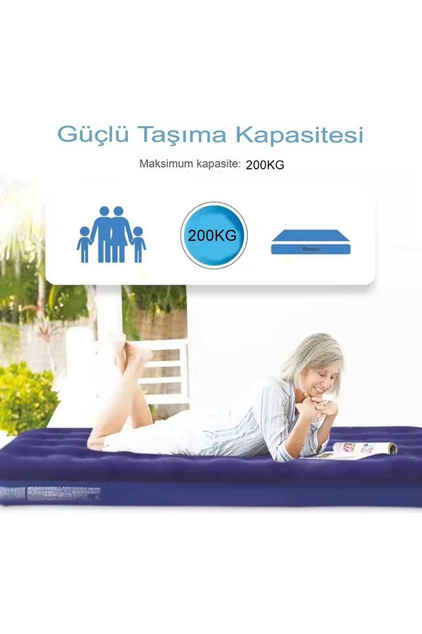Mavi Tek Kişilik Şişme Yatak Kamp Tatil Yatağı 183x76x23cm Ev Kamp Yatağı - 3