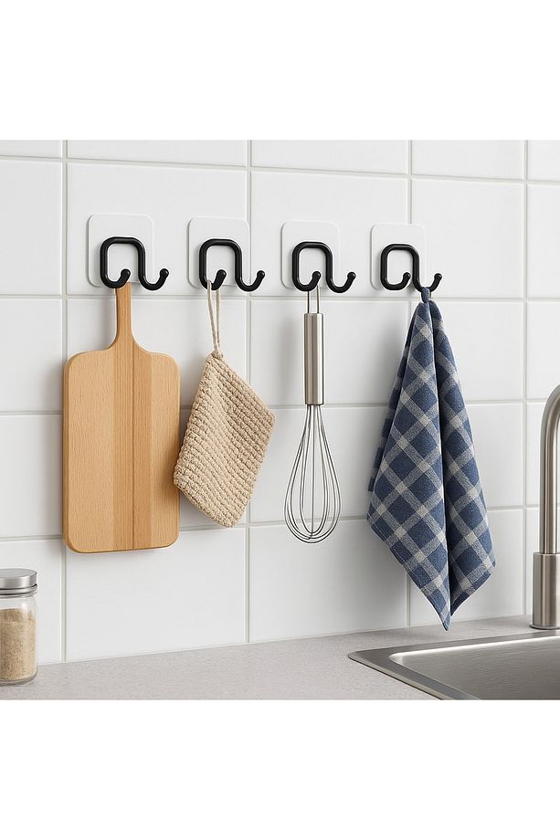 4 Adet Yapışkanlı Çift Kancalı Banyo Mutfak Askısı Metal Askılık Duvar Askı Organizer - 3