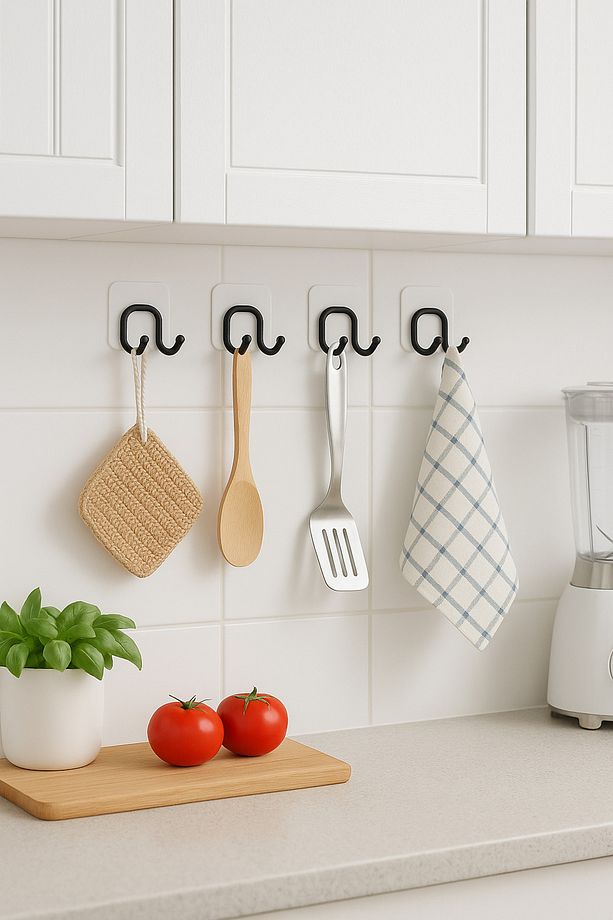 4 Adet Yapışkanlı Çift Kancalı Banyo Mutfak Askısı Metal Askılık Duvar Askı Organizer - 1