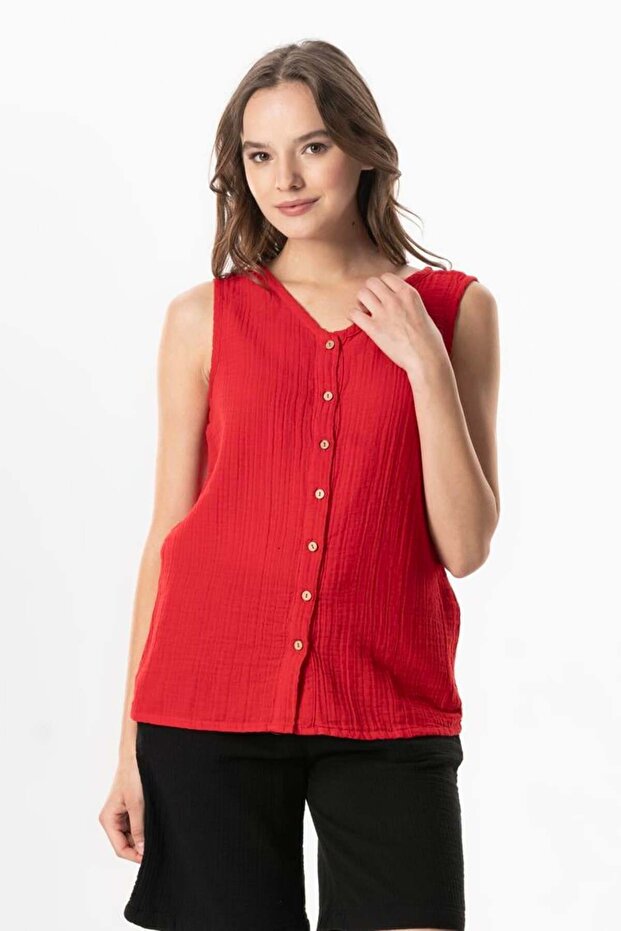 Sleeveless Melis Summer Muslin Blouse Red Krmz