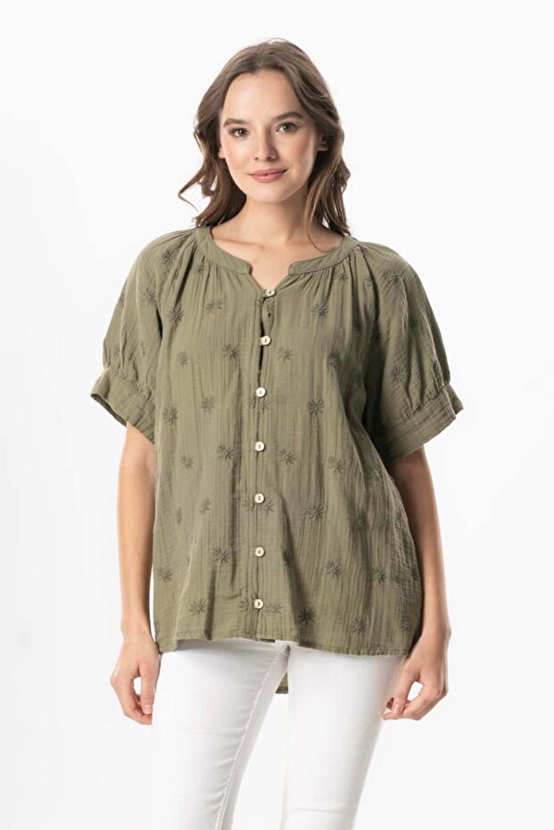 Short Sleeve V-Neck Venus Buttoned Muslin Summer Blouse Khaki Hk