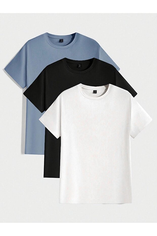 تي شيرت جيرسي أساسي مكون من 3 قطع - أزرق فاتح وأسود وأبيض كبير الحجم برقبة دائرية