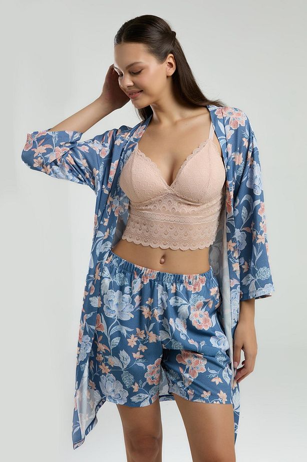 Kadın Sabahlık Bralet Sütyen Ve Şort Set, %100 Viskon Kumaş 3'lü Takım - 4