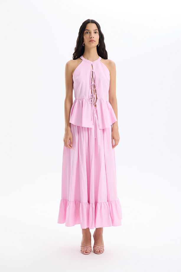 Önü Bağcıklı Halter Yaka Bluz Pembe - 3