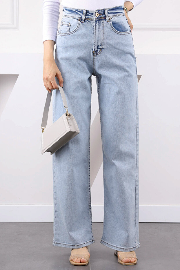 Açık Mavi Yüksek Bel Palazzo Kot Pantolon - 4
