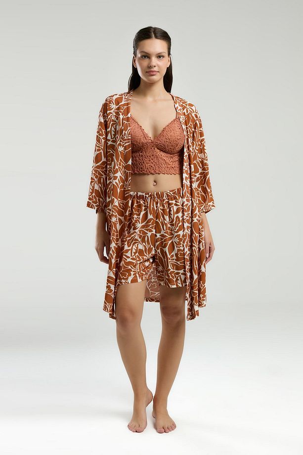 3'lü Takım, Sabahlık, Dantelli Bralet, Şort Set - 2