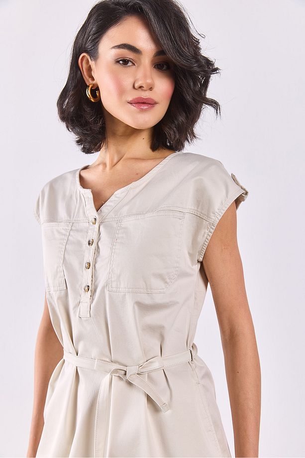 Riva Önü Düğmeli Regular Fit Gabardin Elbise - KEMİK - 8