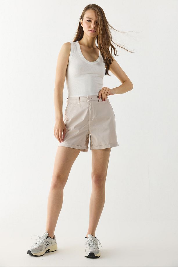 Helen Yüksek Bel Gabardin Bermuda Şort - TAŞ - 3