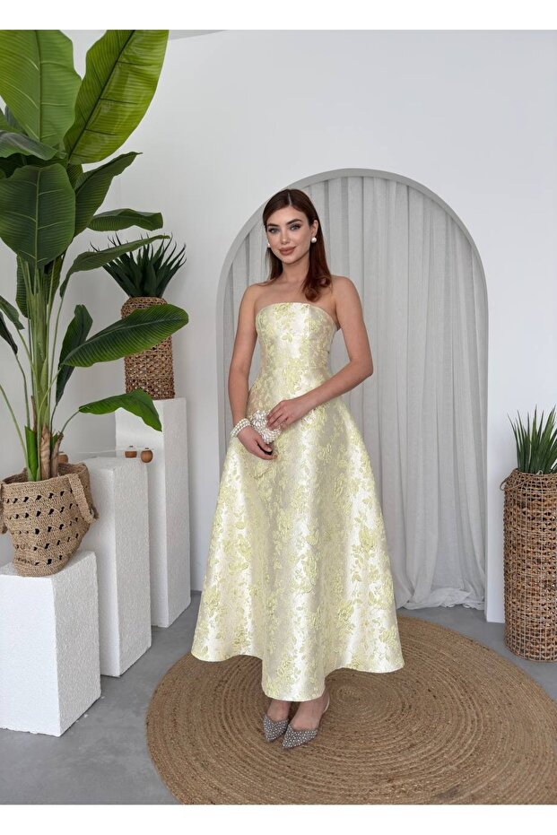 Satin Jacquard Design Flared Strapless Princess Womens Dress