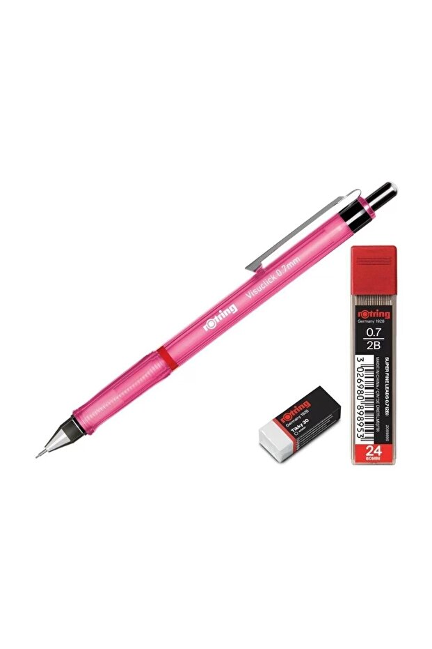 مجموعة المدرسة Rotring Visuclick 0.7 باللون الوردي (ممسحة قلم رصاص)