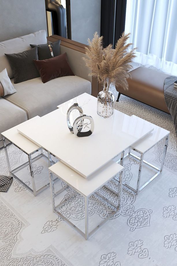 Astana 5'li Kare Orta Sehpa Gümüş Ayak Beyaz 10 Mm Glossmax Parlak Mdf - 4