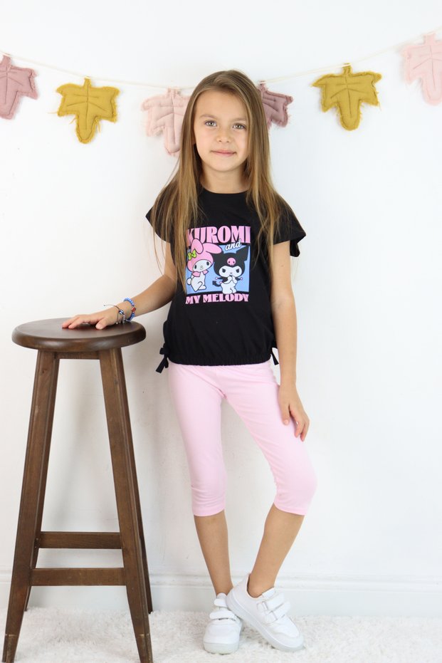 Girl's Suit Kuromi Printed Black T-Shirt 2-Piece Leggings Suit Summer Casual Combination 3-7 Years Old