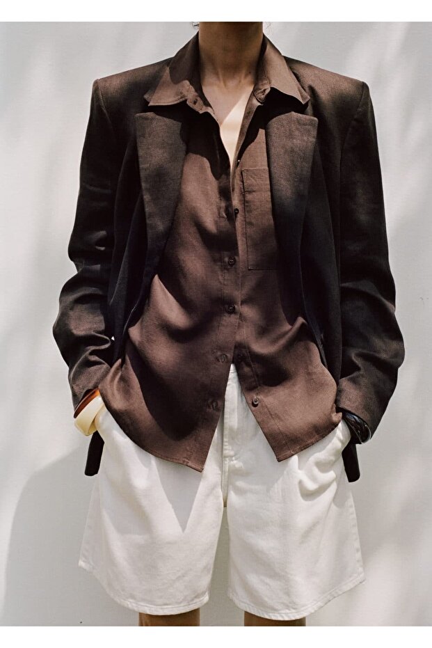 Orta bel pileli denim bermuda şort - 5